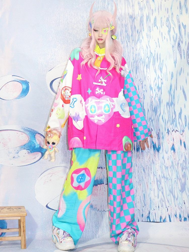 Star Print Heart Pants Cut Colorful Pattern Checked And Y2K Wide-leg