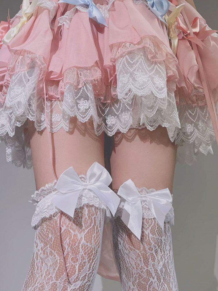 Bas Lolita au-dessus du genou avec bordure en dentelle et nœud blanc