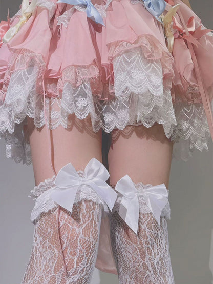 Bas Lolita au-dessus du genou avec bordure en dentelle et nœud blanc
