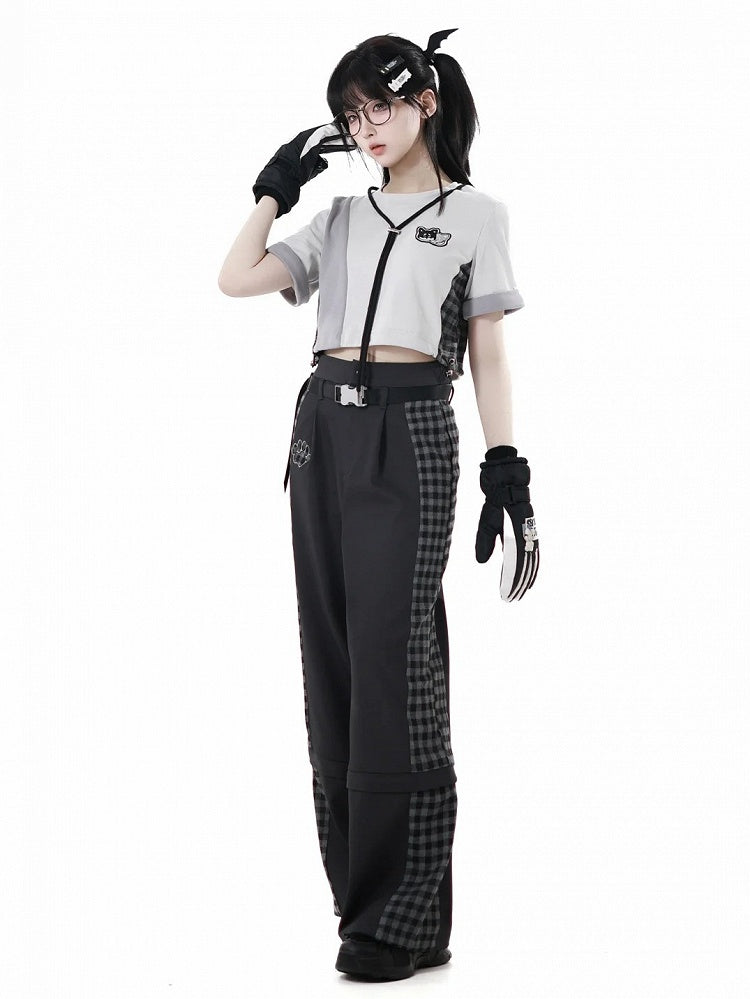 Wear Ways Zip Cuffs Techwear Two Pants/Shorts Black Plaid with Snap Belt