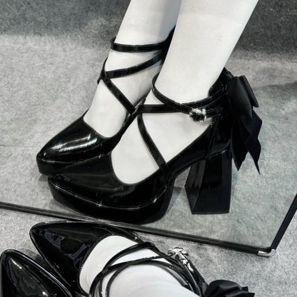 Gothic Black Detachable Bowknot Crisscross Buckle Strap Platform High Block Heels