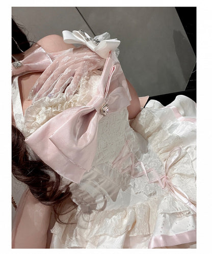 Creamy Bowknot Fabric Tiered Puffy Skirt Halter Neck Birthday Corset Dress