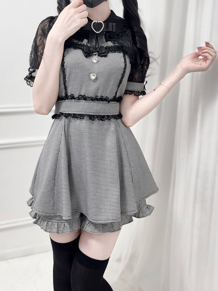 Sweetheart Bowtie Rhinestone Kei Shawl Houndstooth -Shirt Black Jirai Set Top Shorts Lace Collar Decoration +