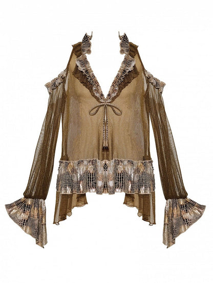 Top Cutout Shoulder Dark Punk Wasteland Sleeves Semi-sheer Design Long V-neck Brown