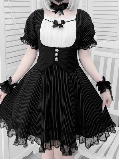 Kleid Schwarz Voll Gestreiften Taille Jirai Kei Set Korsett Gürtel Design bei mit