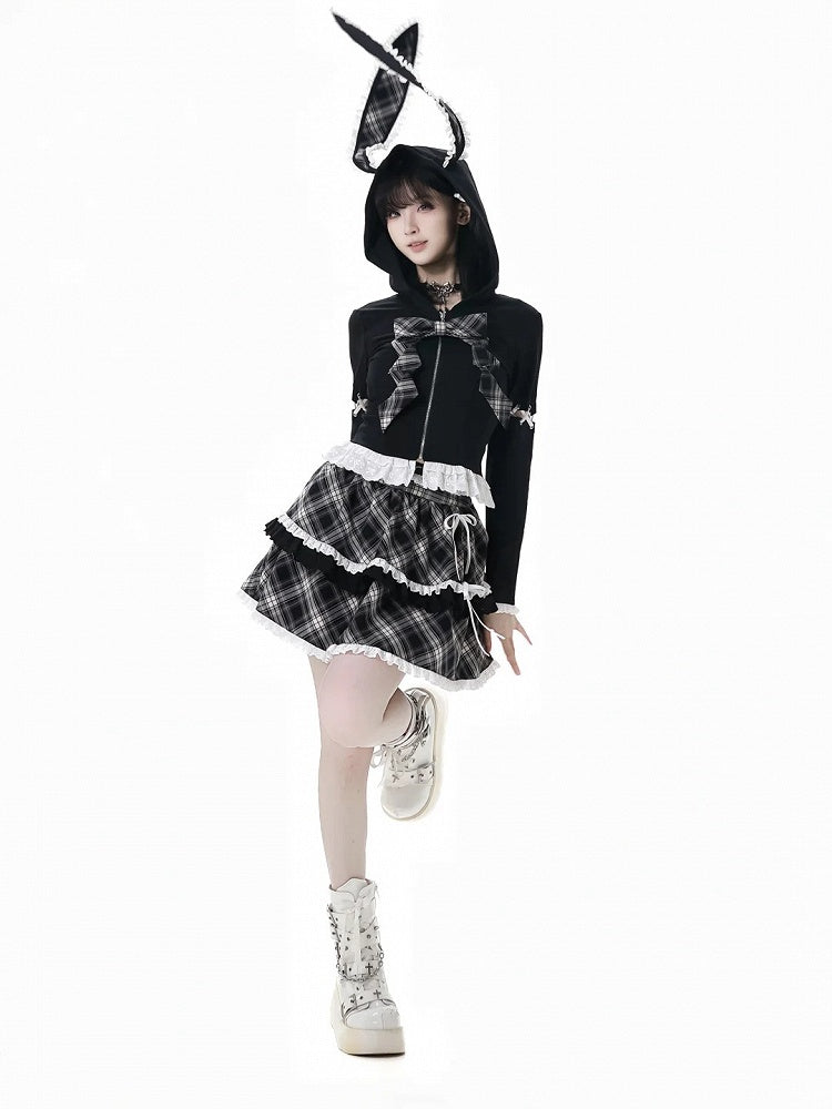 Lace-up Lace Trim Bunny Ears White/Black Design Hood Zip Closure Hoodie Sleeves Detachable