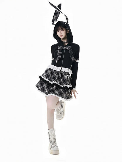 Lace-up Lace Trim Bunny Ears White/Black Design Hood Zip Closure Hoodie Sleeves Detachable