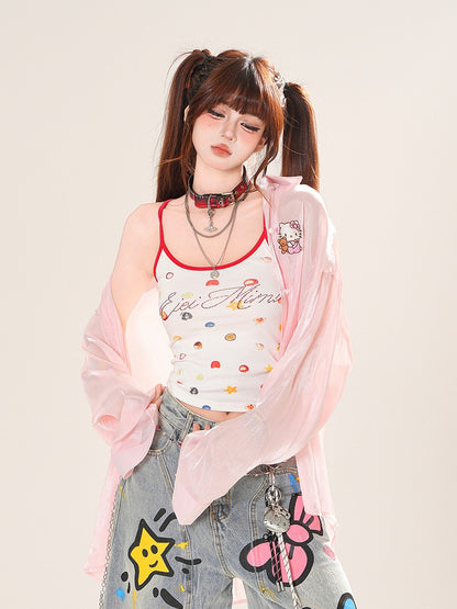 Sonnenschutz-Shirt mit Herzmotiv in Rosa/Aprikose und Rüschenschleife auf der Rückseite