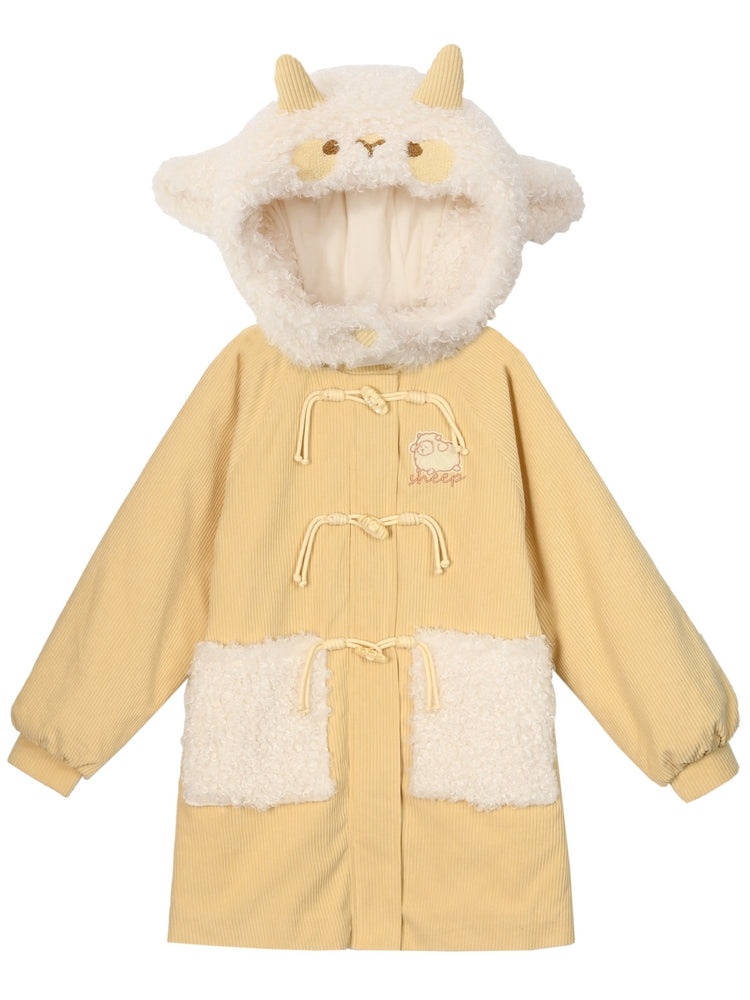 Milk Yellow Cute Lamb Hood Hooded Corduroy Duffle Coat