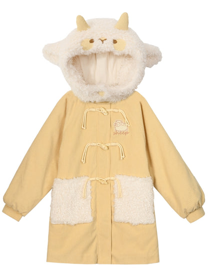 Milk Yellow Cute Lamb Hood Hooded Corduroy Duffle Coat