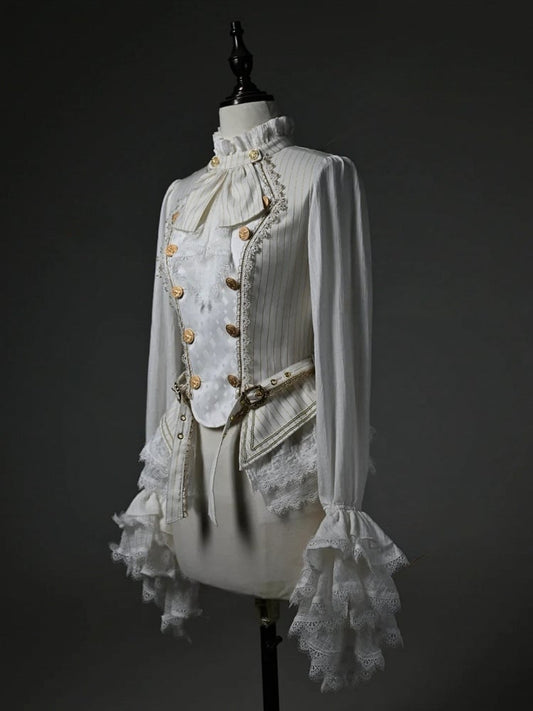 White Jabot Long Cuffs Ruffle Neckline Cadcading Sleeves