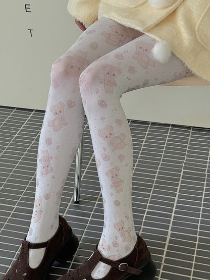 White Sweet Bear Heart Tights