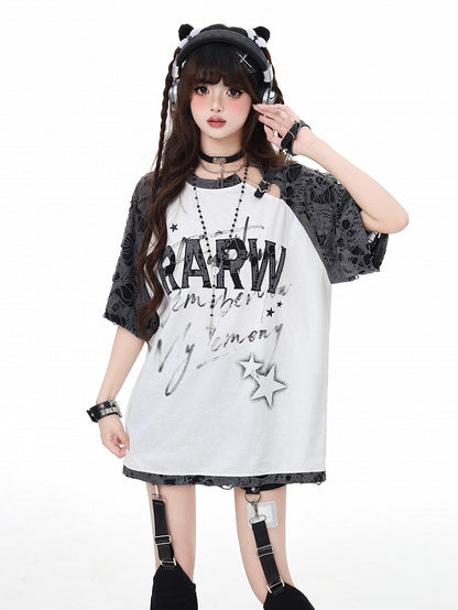 White Distressed Holes Star Buckle Graphic T-Shirt