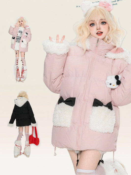 Pink/Black Kitty Adorned Hooded Puffer Jacket Plush Cuffs