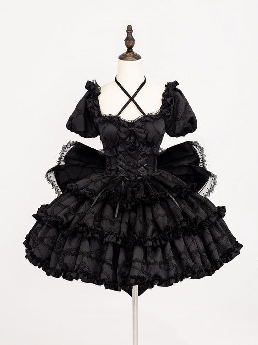 at Ruffle Waist Princess Lolita OP Dress Back Big Bow with Corset Black Skirt