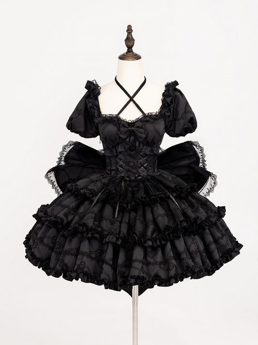 Black Princess Waist at Lolita Back Dress with Bow Corset Big OP Skirt Ruffle