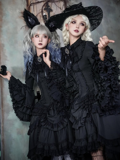 Schwarzes Lolita-Hemd mit Ärmeln, geschichtet, wunderschöne Glocke, ganz lang, Gothic Kuro
