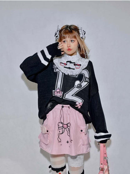 Black Kitty Spiderand Cross Skeleton Appliques Oversized Top