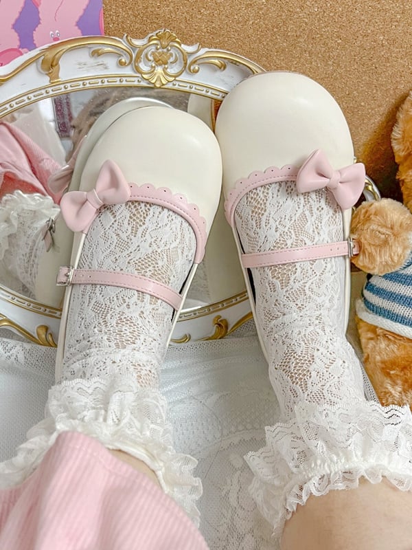 Schuhe Schleife Schnalle Kreis Lolita Beige Flach Rosa mit Spitze Rund Abnehmbar Süß