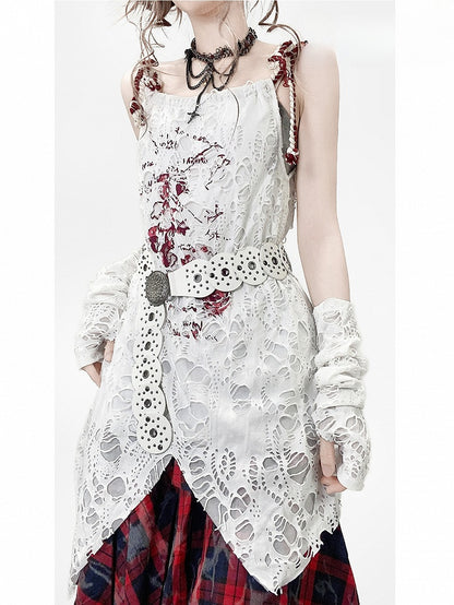 Ärmel mit weißem Design, Ausschnitt, Cami-Print-Kleid, Details Y2K