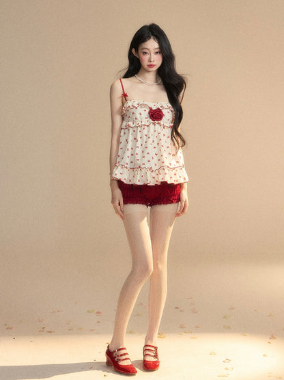 Floral Trim Apricot Ruffled Cami Red Bowknots Print Embellished Top