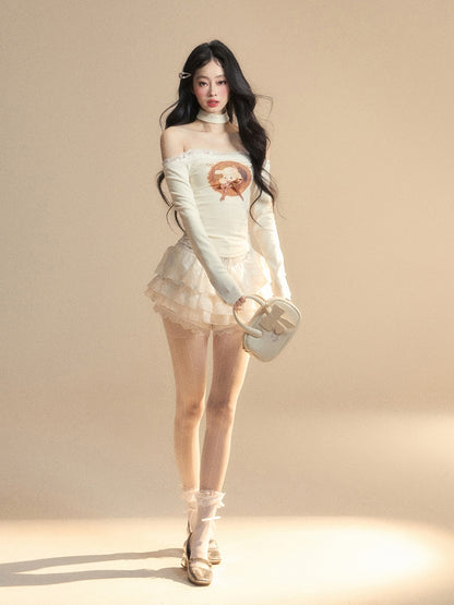 Lamb Print Waist Glamorous Top Patches Apricot Off-the-shoulder Lace Neckline