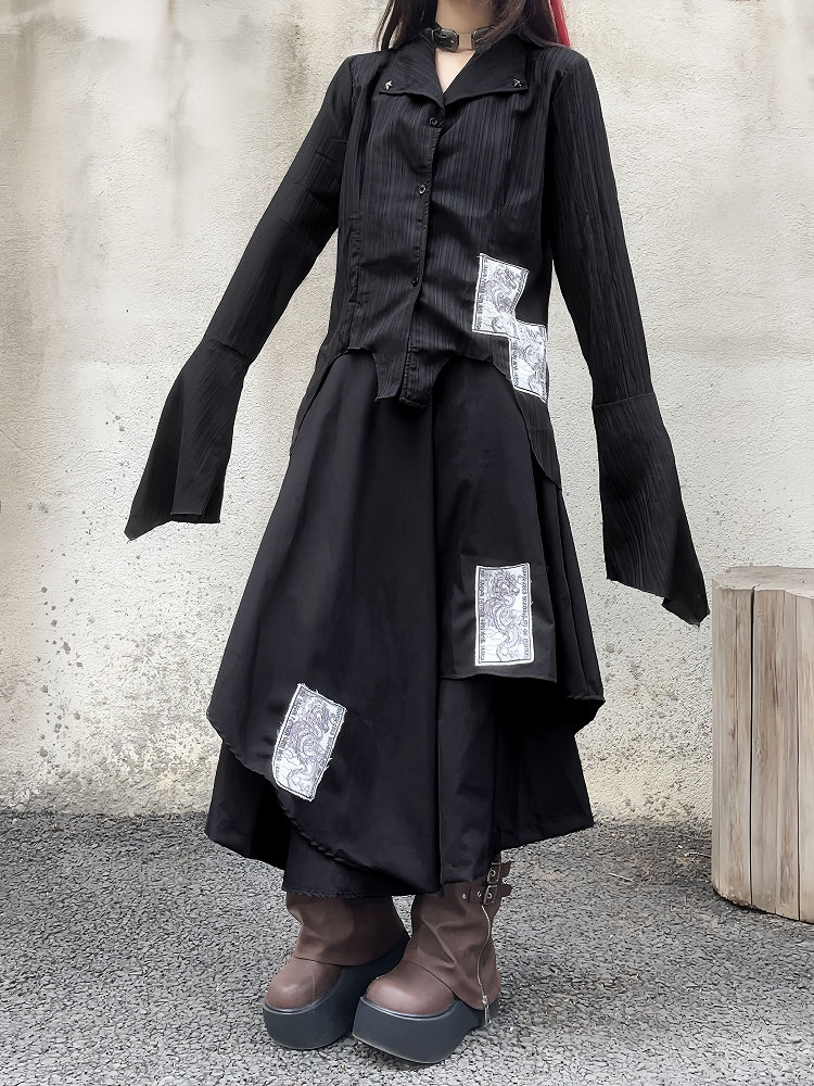 Appliques Black Punk Asymmetrical Layered Wide-Leg Pants