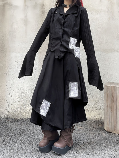 Appliques Black Punk Asymmetrical Layered Wide-Leg Pants
