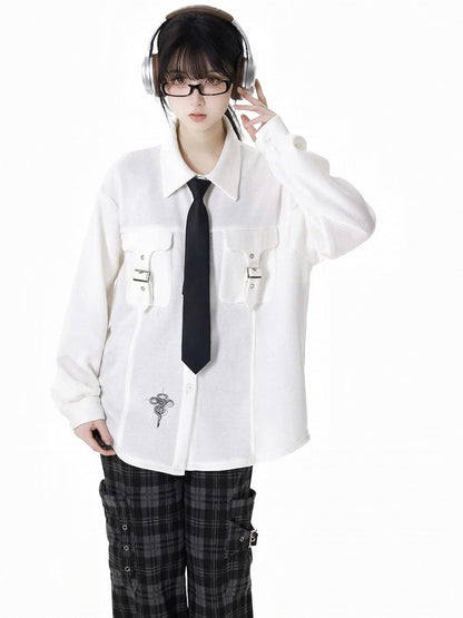 White Snake Buckle Strap Pockets Shirt with Free Tie
