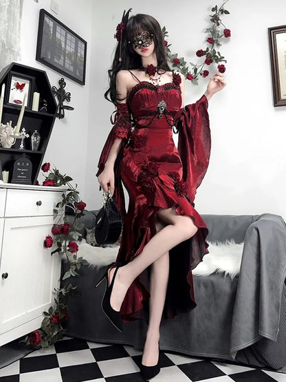 Flounce Sleeves Gown Mermaid Dress Rosette Evening Detachable with Red Burgundy