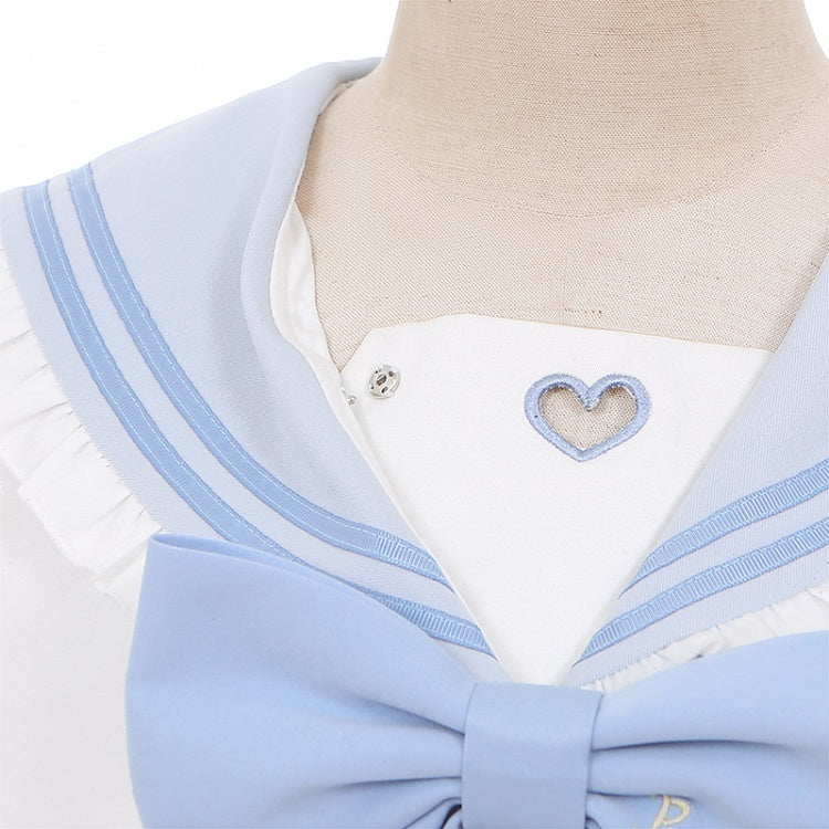 Cutout Blouse Blue Bowknot White Sailor Collar Heart-shaped Light