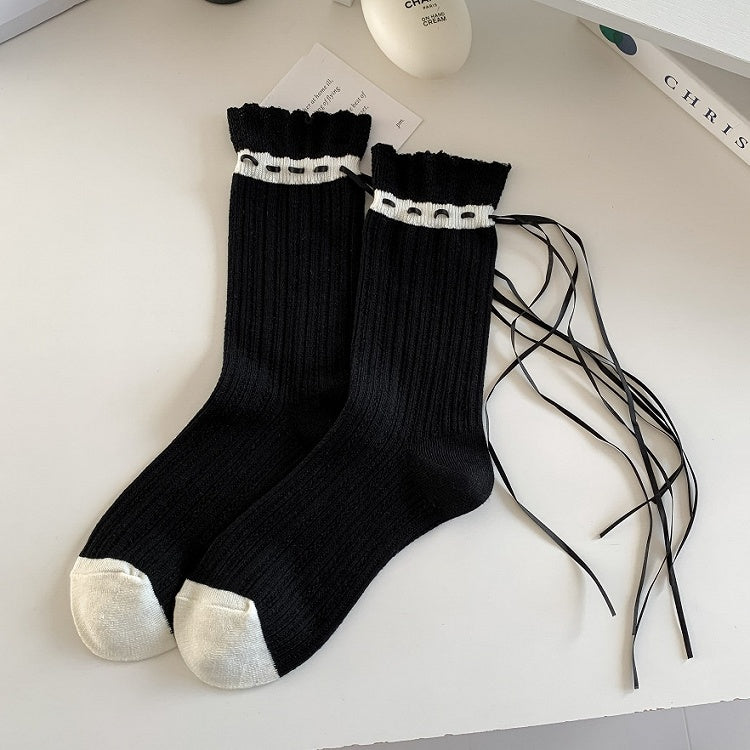 White/Black Cute Ruffled Cuff Calf Socks With Ribbons