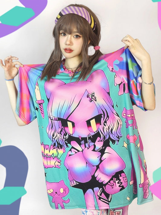 Gyaru Colorful Cartoon Short Striped Fashion Pattern Print Sleeve T-Shirt