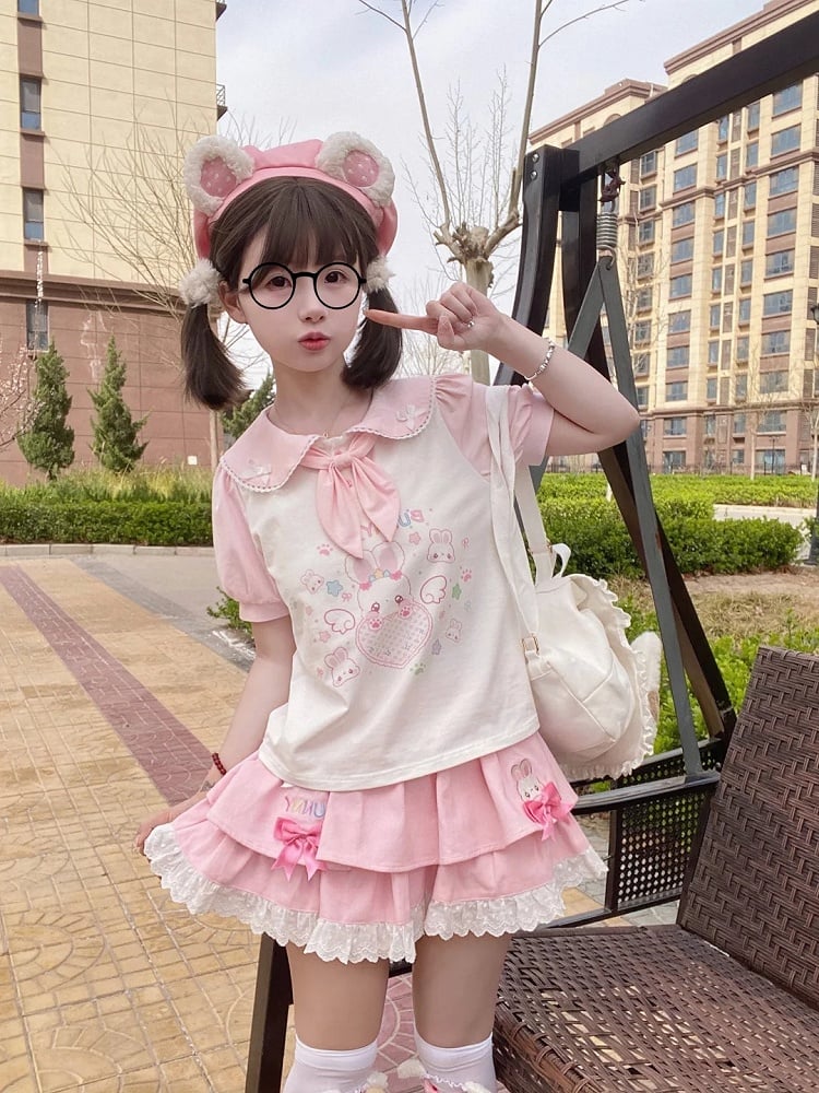 Tie T-Shirt Ears Heart Bunny Pink  White Peter Pan Collar Bunny