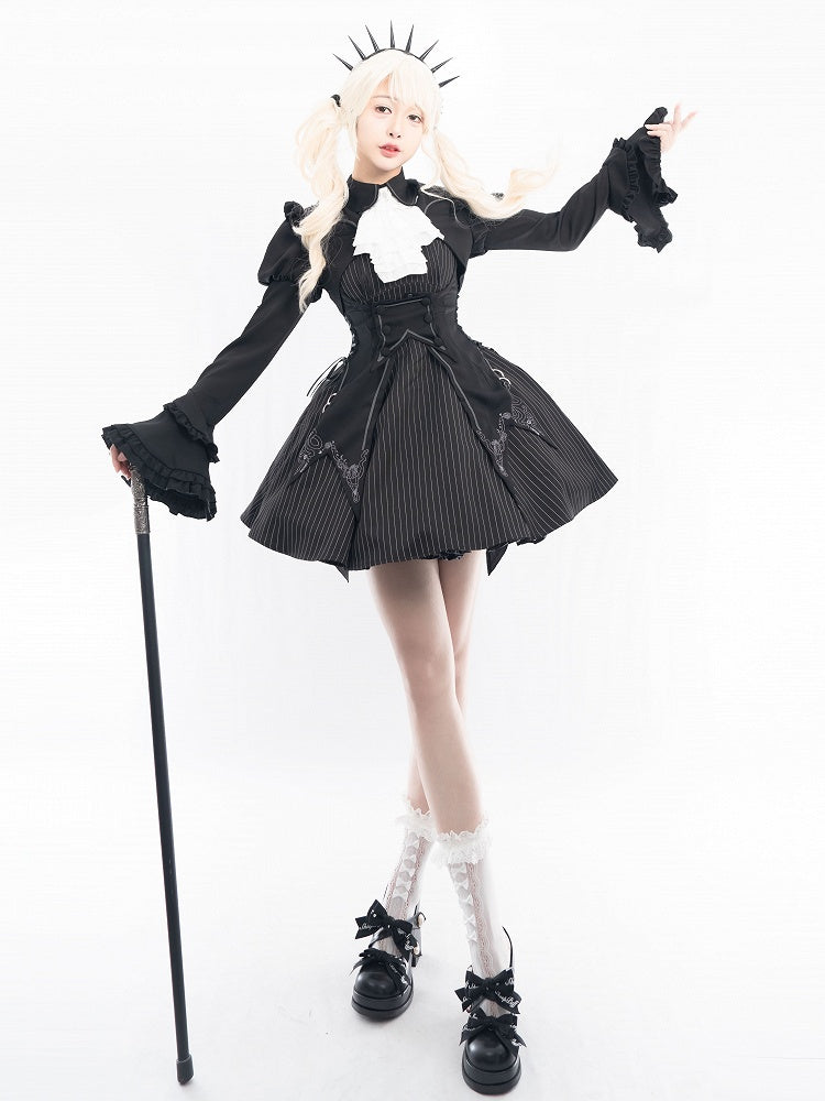 Ensemble complet robe lolita à rayures noires + gilet + haut court