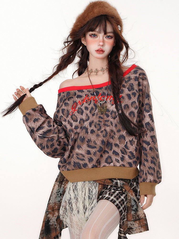 Leopard Pattern Asymmetrical Neckline Sweatshirt