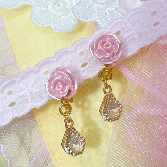 Pink Rosette Lolita Earclips Sweet Rhinestone Charm
