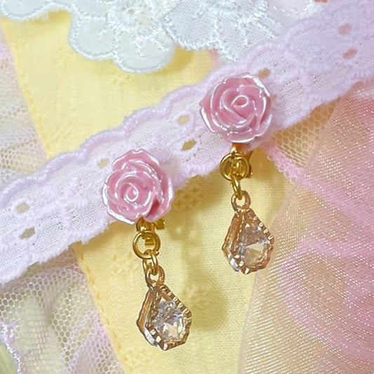Pink Rosette Lolita Earclips Sweet Rhinestone Charm