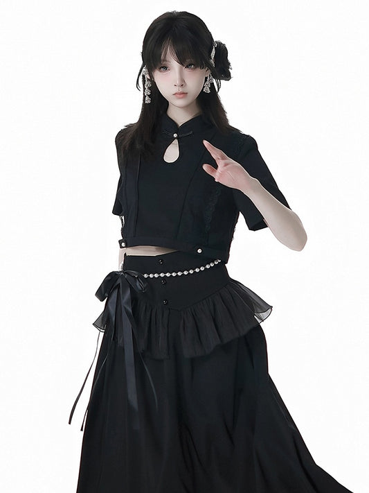 Short Sleeves Top Black Cheongsam Collar Bead Details