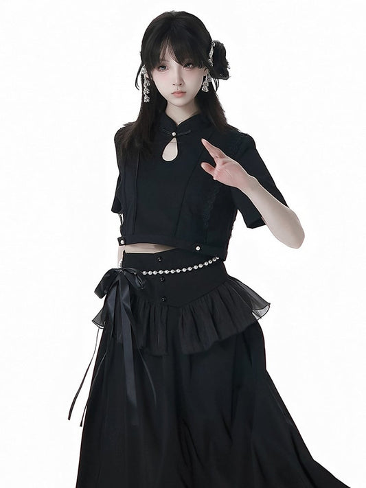 Black Cheongsam Collar Bead Details Short Sleeves Top