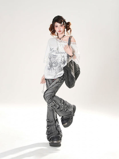 Loose Asymmetrical Neckline Lace Trim Butterfly Print Black/White T-shirt