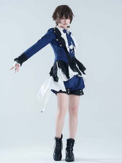 Gothic Ouji Lolita Ciel Vibes Dark Blue Prince Coat White Long Sleeves Shirt Dark Blue  Shorts