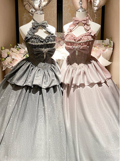 Shimmering Gradient Pink Halter Neck Sweetheart Neckline Top + Long Skirt Birthday Ball Gown