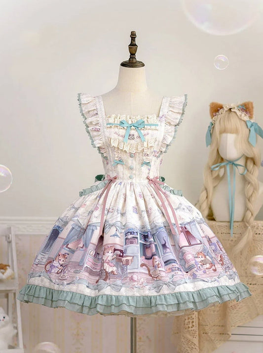 Robe Lolita mignonne avec un joli chat et des nœuds verts, bretelles flottantes, jupe pull