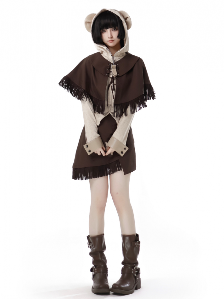 Brown Tassel Hemline Lace-up Closure Cape