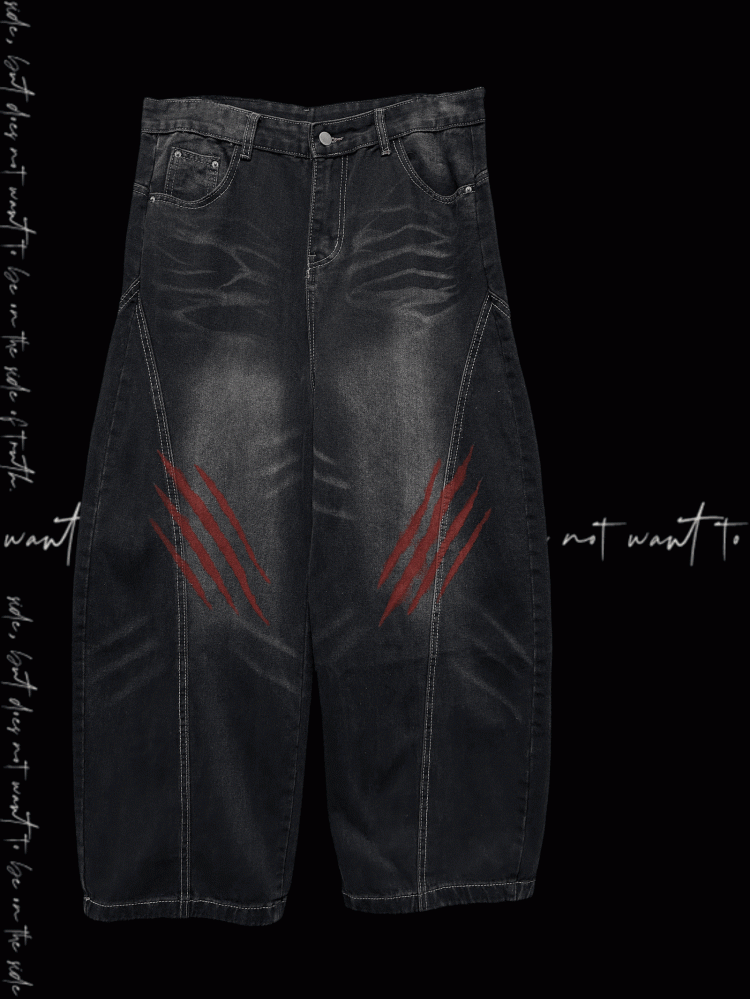 Faded Scratch Print Distressed Punk Wide-Leg Jeans Wash Black