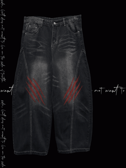 Faded Scratch Print Distressed Punk Wide-Leg Jeans Wash Black