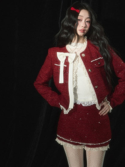 Christmas Red Tweed Cropped Jacket  Lace Trim Bowknot and Bead Details