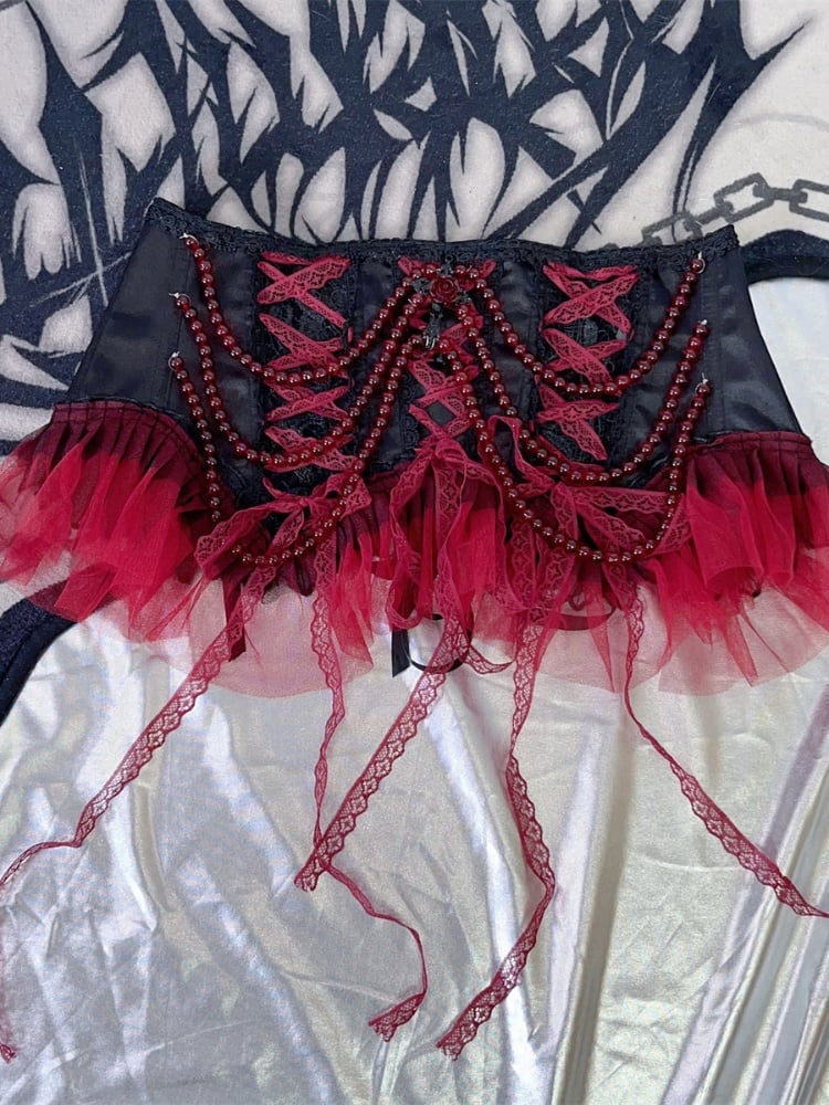 Black Red Lace Trim Goth Corset Belt with Beaded Chains