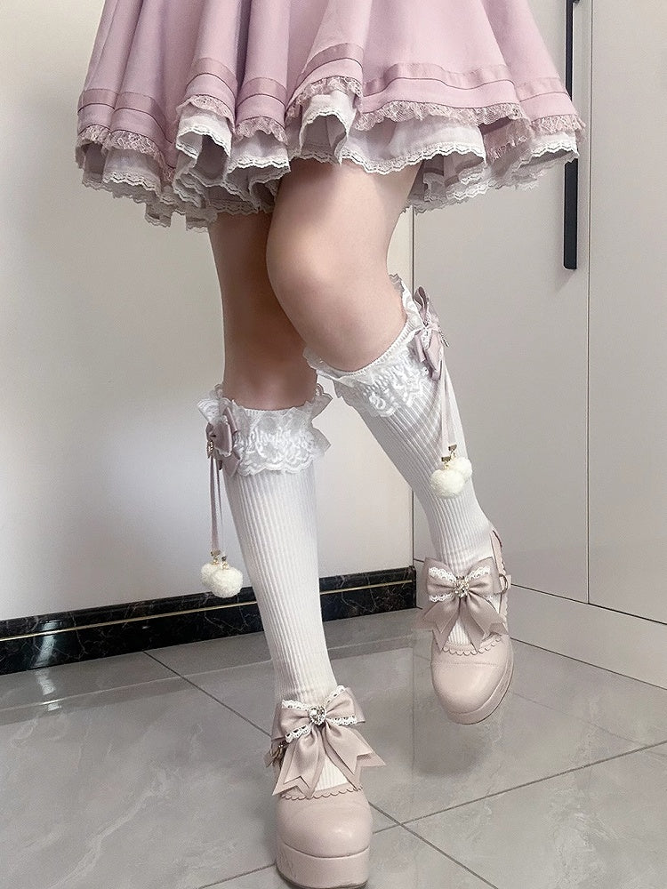 Jirai Kei Pompom Details Lace Cuffs Bowknots Underknee Stockings